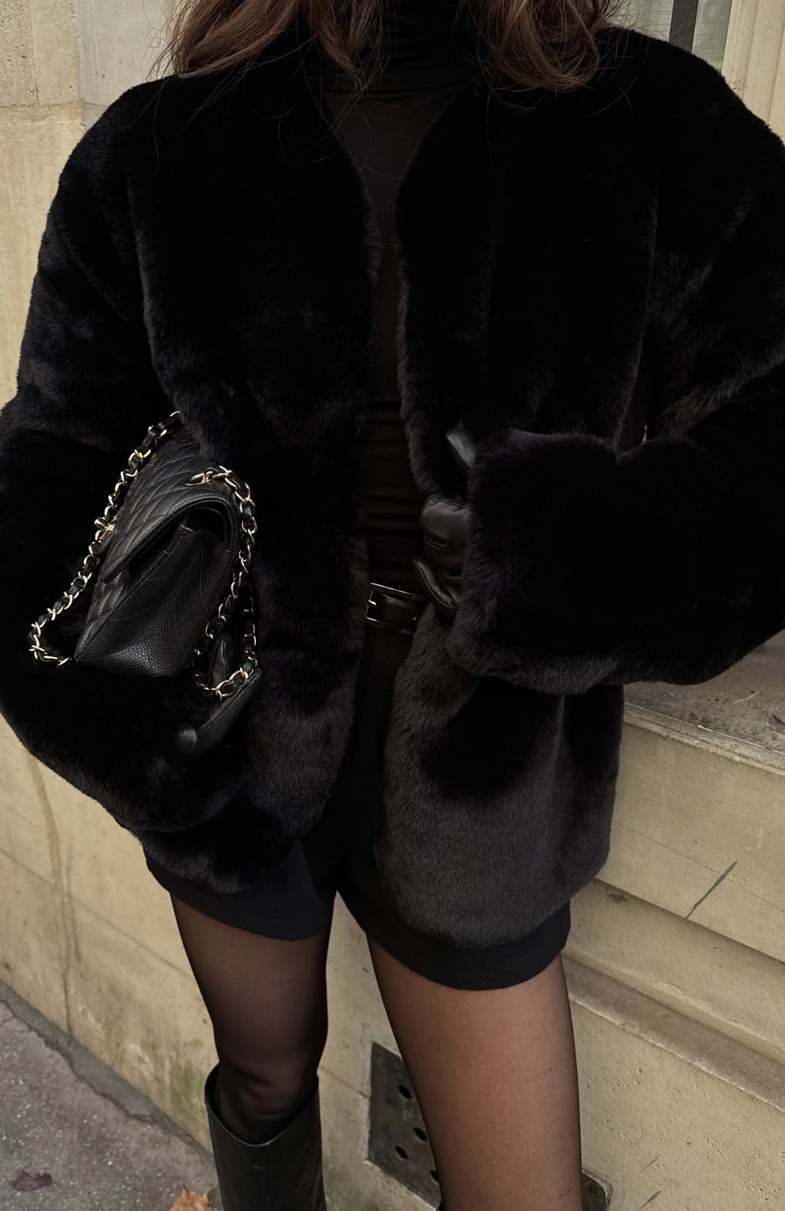 HappyHolidaysFauxFurJacketBlack